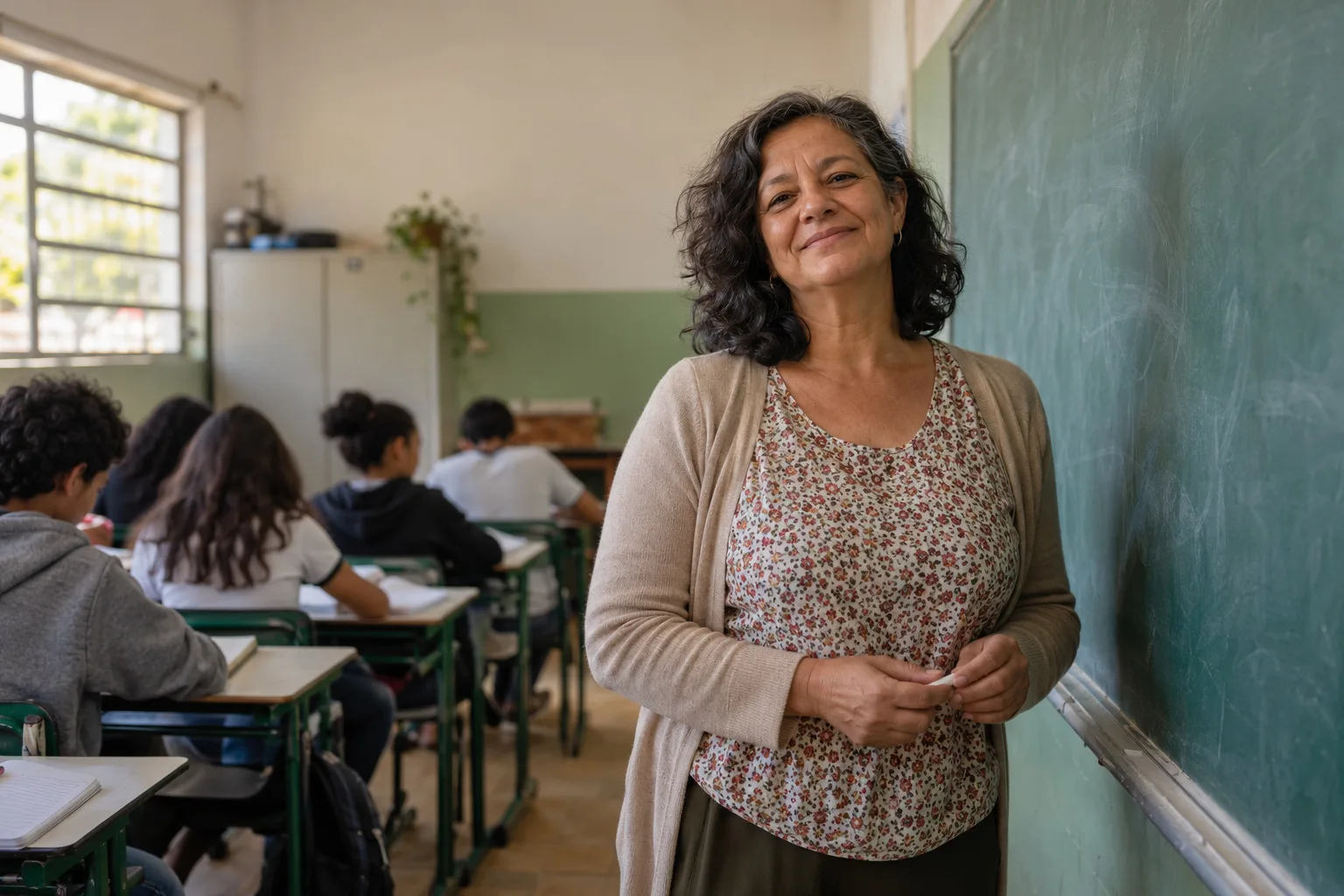 Professora diante do quadro numa sala de aula de escola