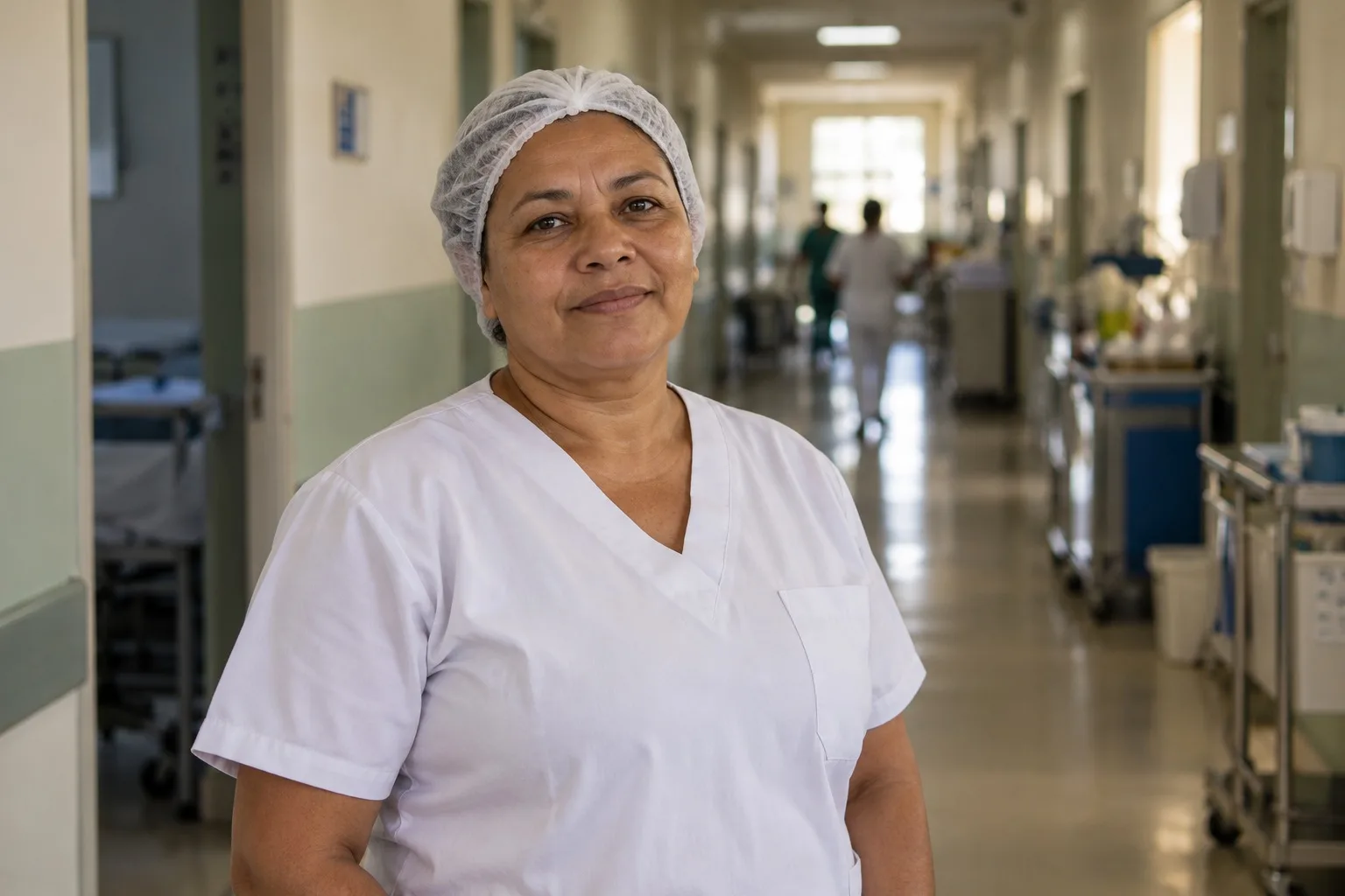 Técnica de enfermagem de uniforme no corredor de um hospital simples