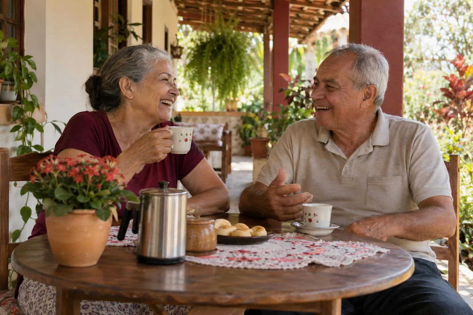 Casal de idosos tomando café e conversando na varanda