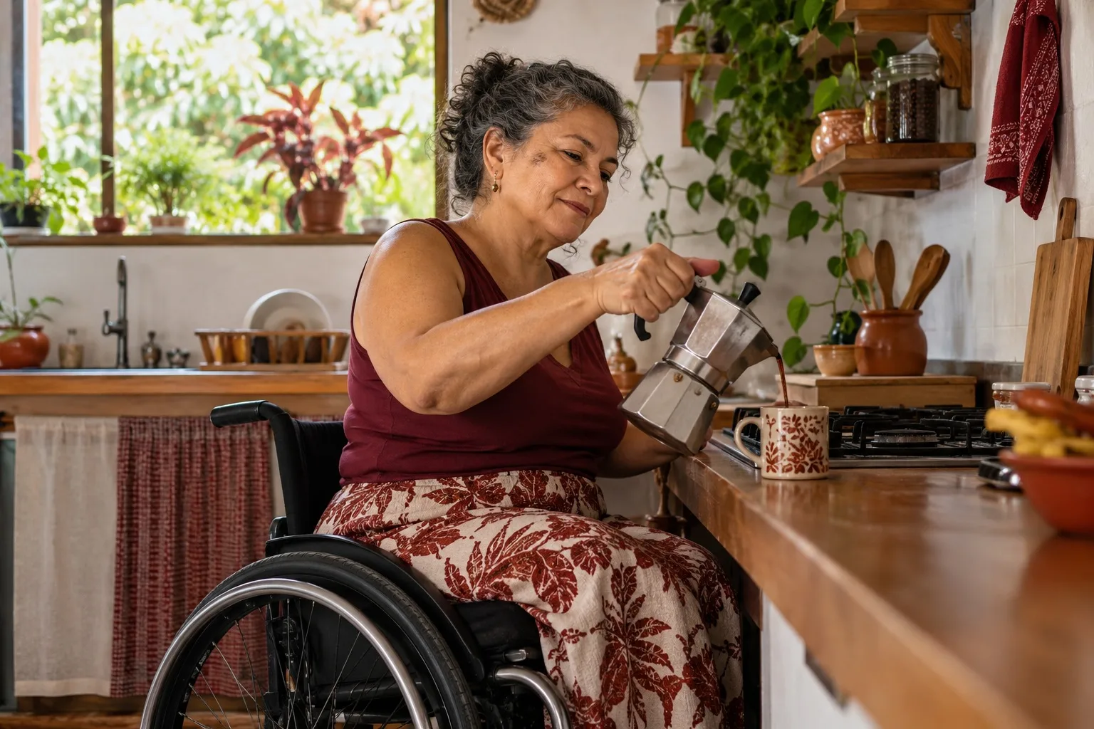 Mulher em cadeira de rodas passando café na cozinha de casa