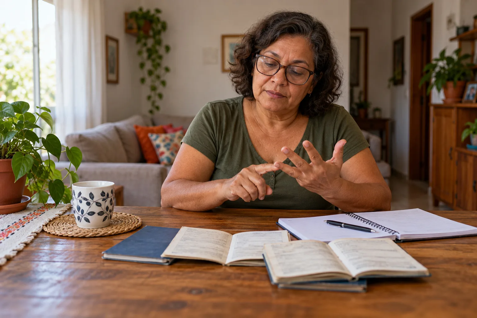Mulher de óculos contando o tempo em carteiras de trabalho antigas abertas na mesa