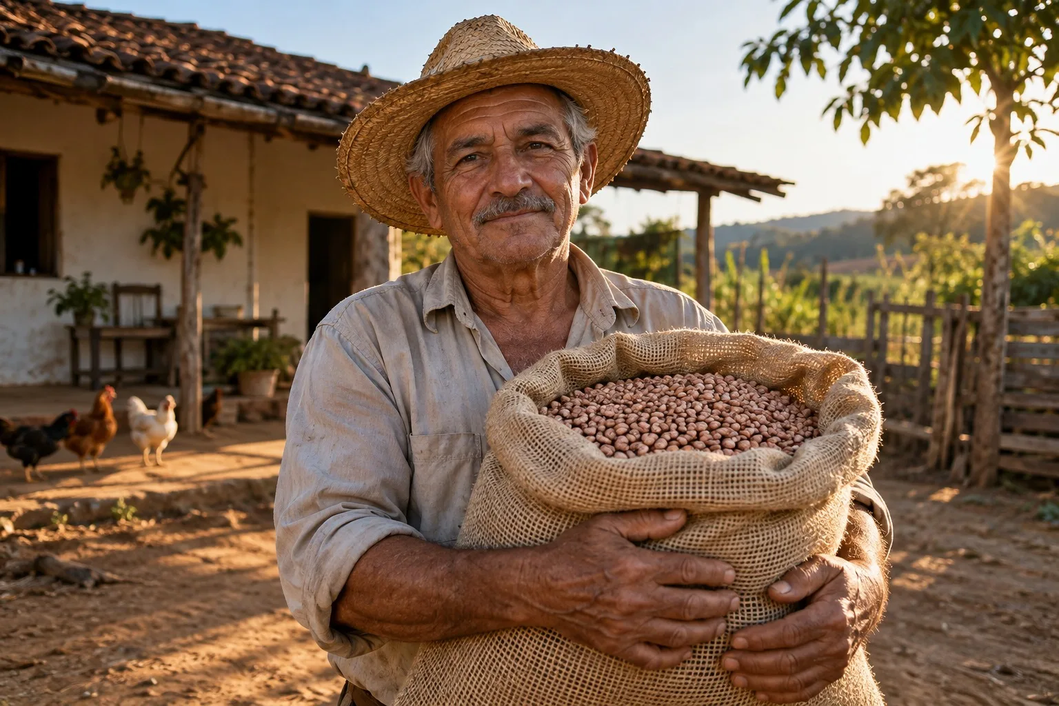 Agricultor de chapéu segurando um saco de feijão no terreiro do sítio