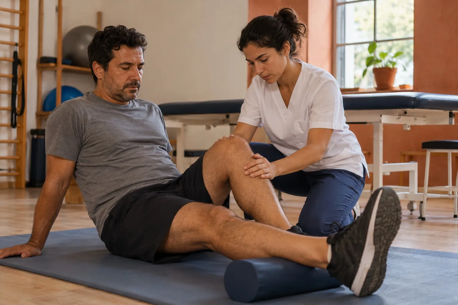 Fisioterapeuta ajudando um homem a exercitar o joelho