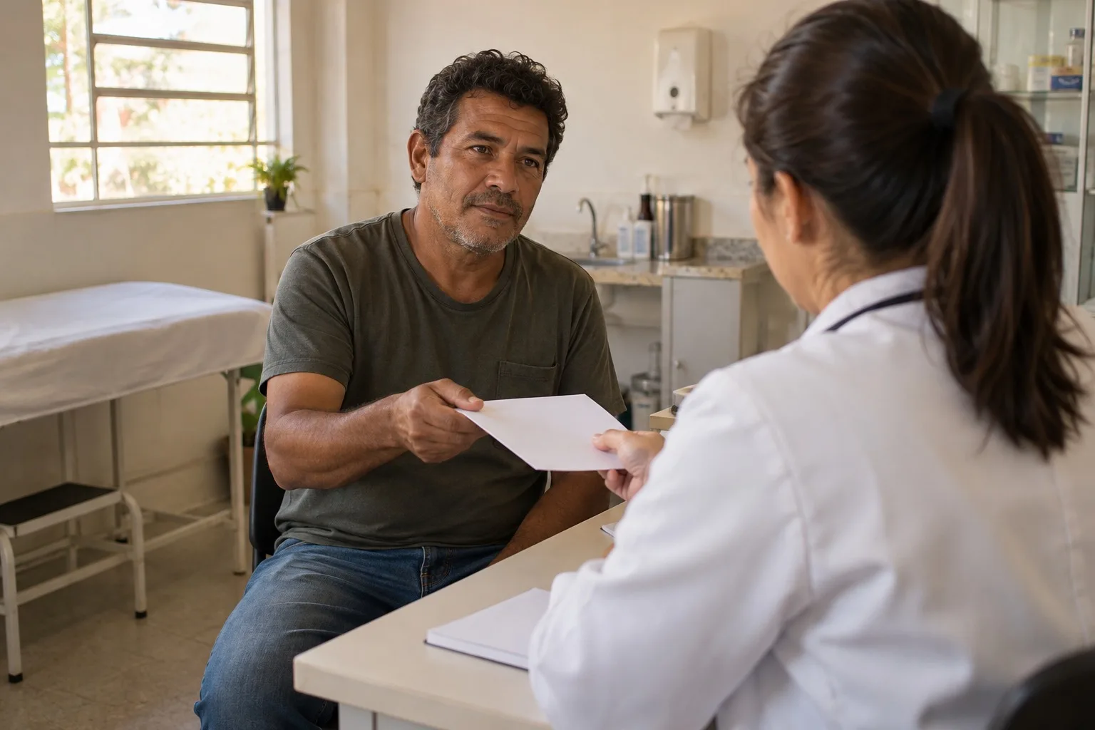 Médica entregando um papel a um paciente no consultório