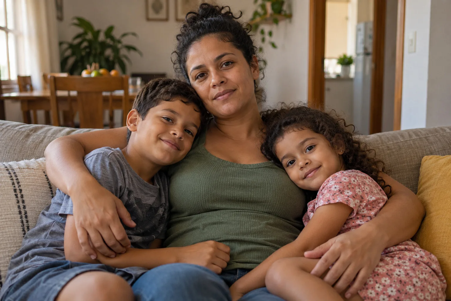 Mãe abraçando os dois filhos pequenos no sofá de casa