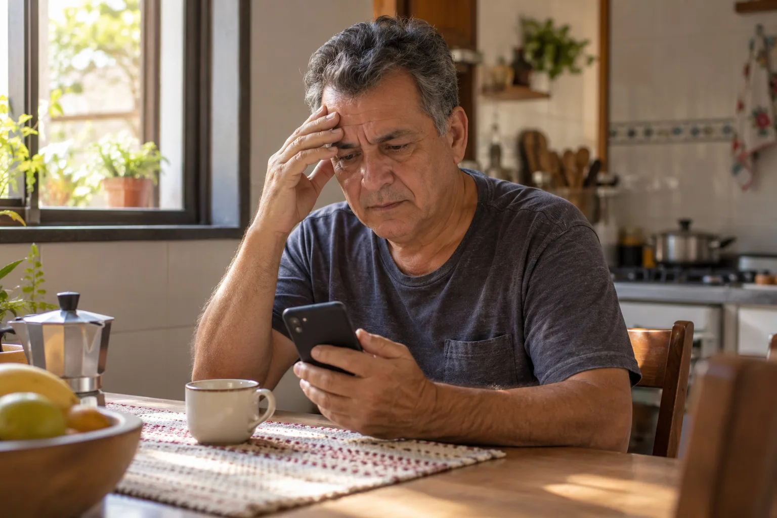 Homem à mesa da cozinha olhando o celular com ar preocupado