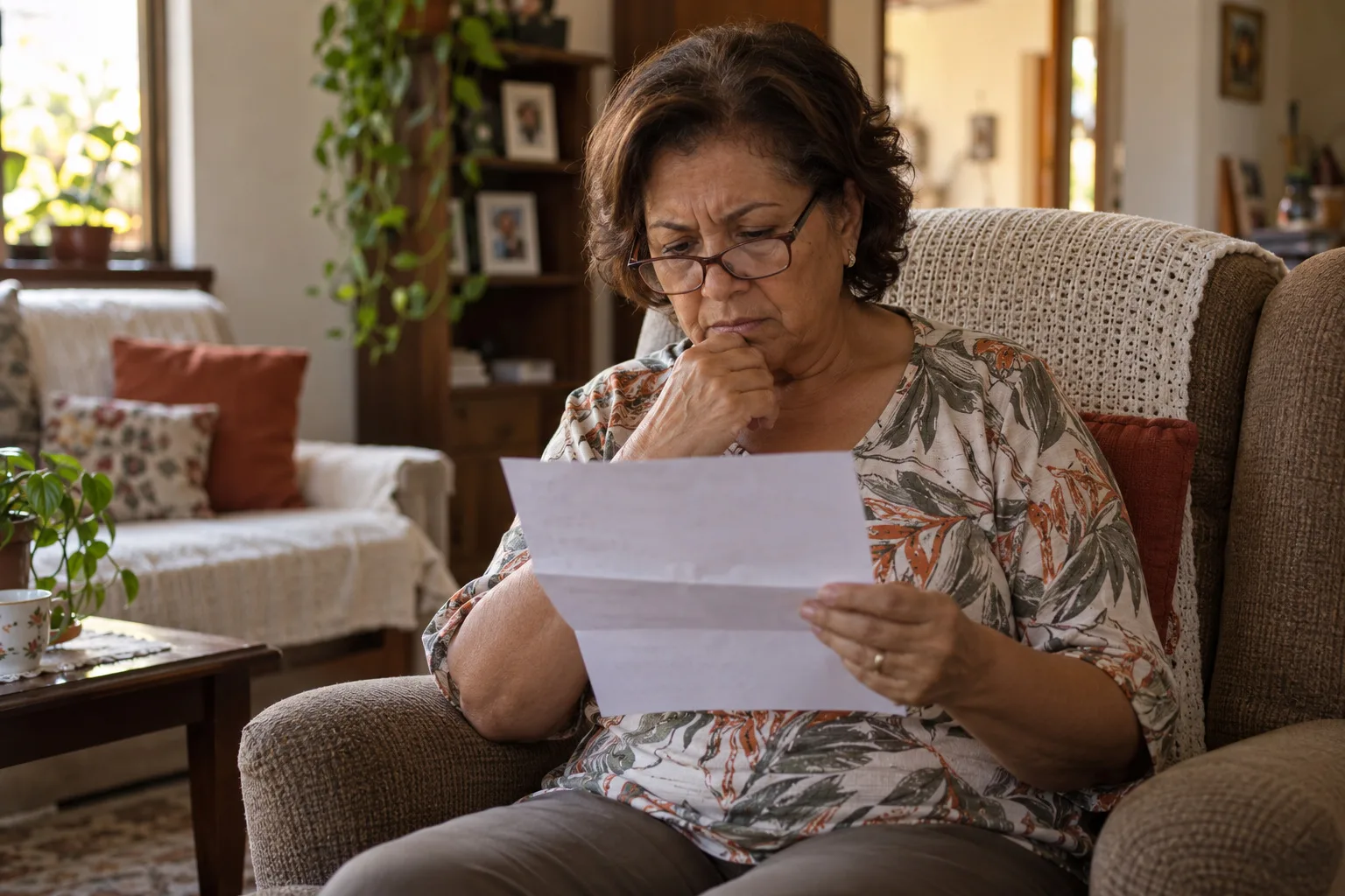 Senhora lendo uma carta na poltrona da sala