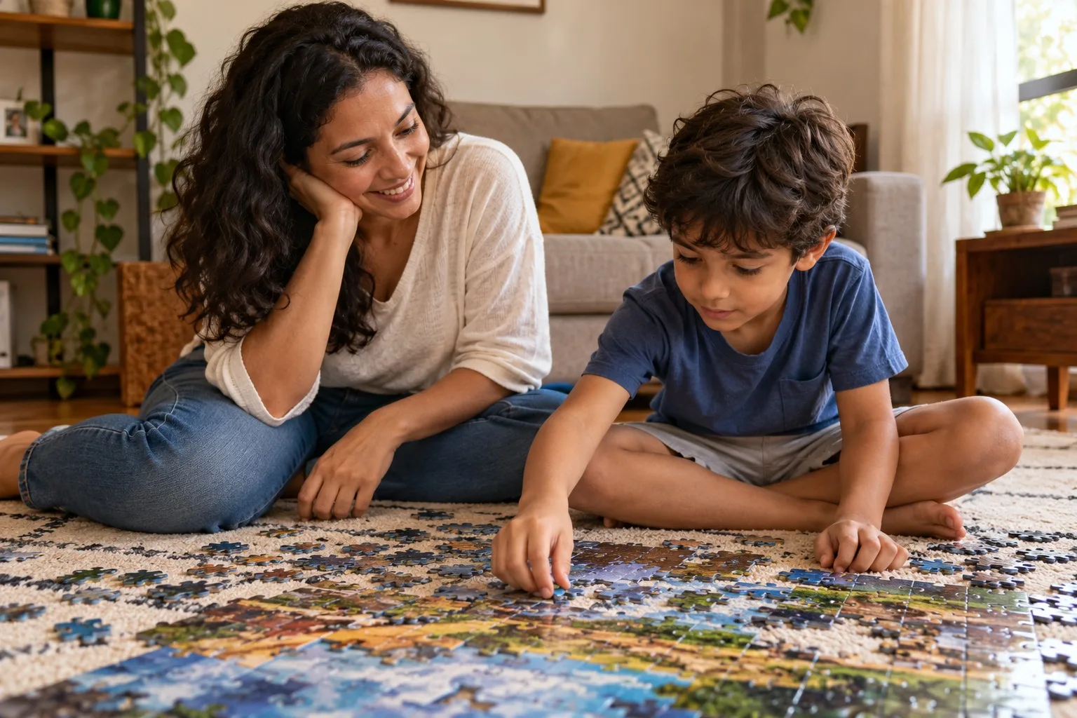 Mãe e filho montando um quebra-cabeça no chão da sala