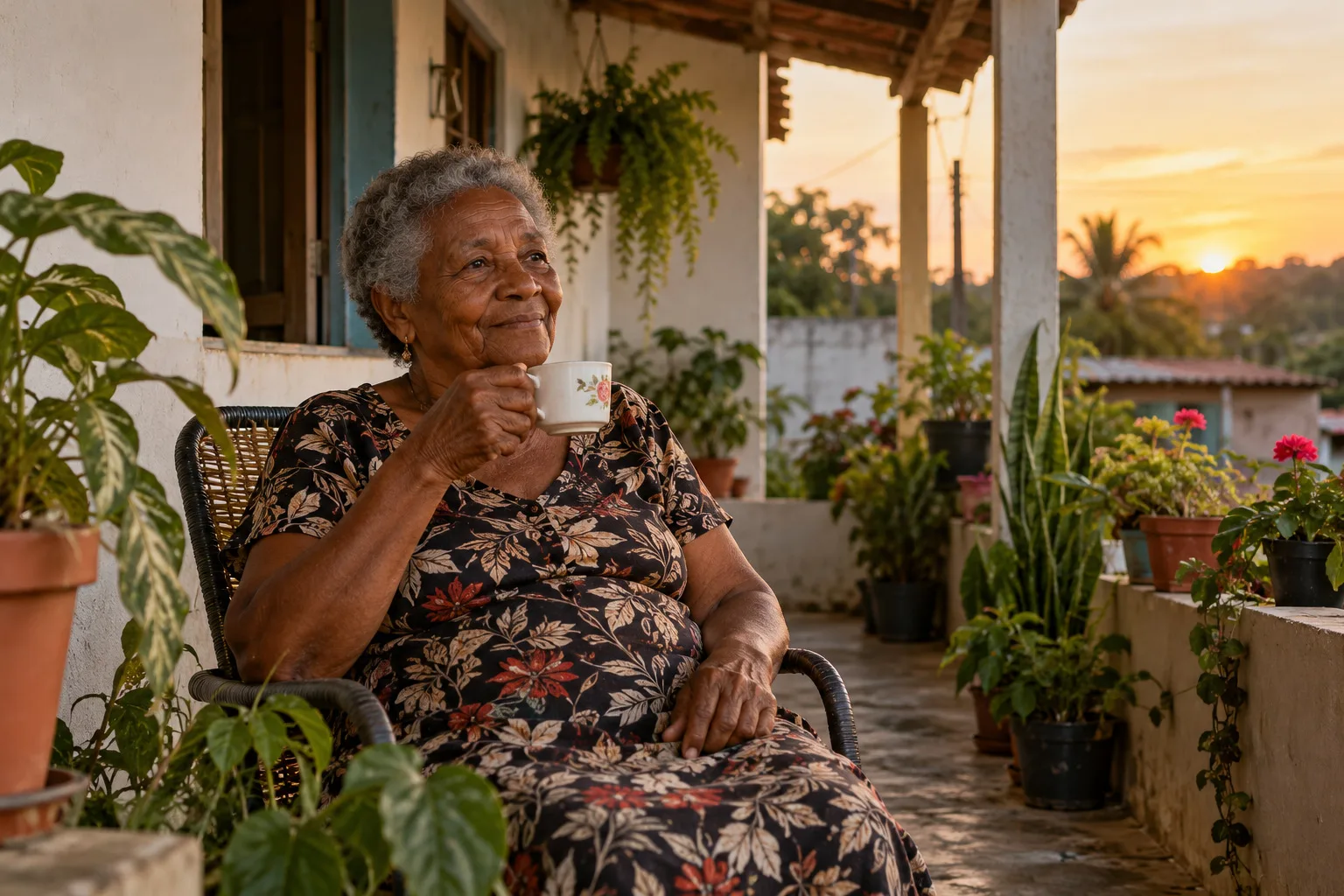 Senhora tomando café na varanda de casa