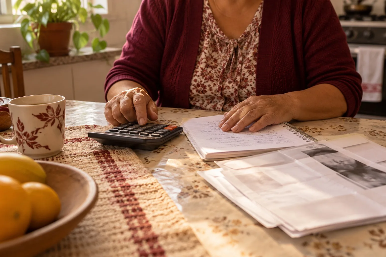 Mãos sobre a mesa com calculadora, caderno e envelopes de exames