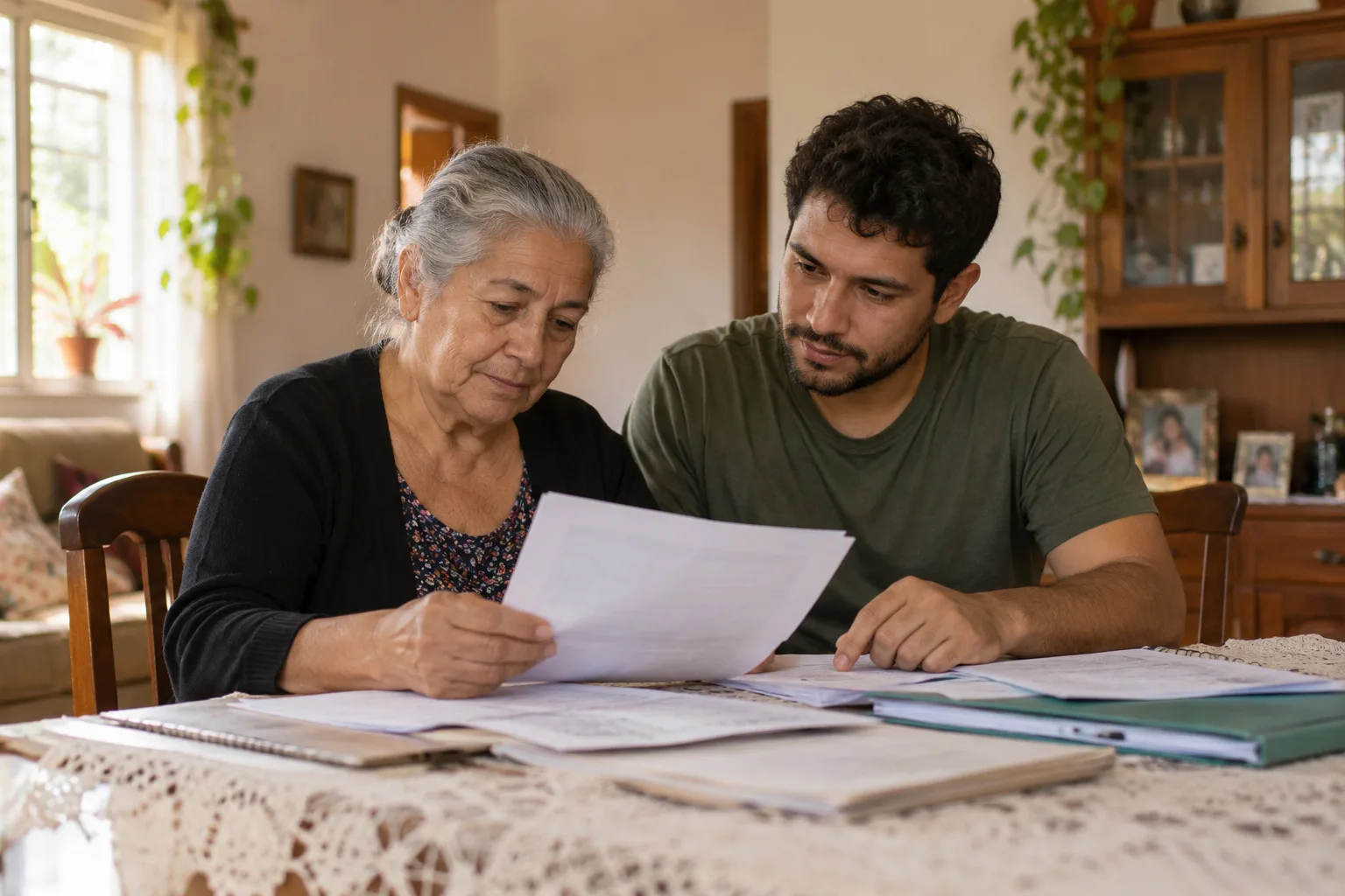 Senhora e o filho adulto organizando documentos na mesa da sala