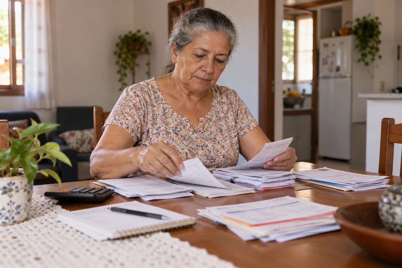 Senhora organizando carnês e comprovantes sobre a mesa da sala