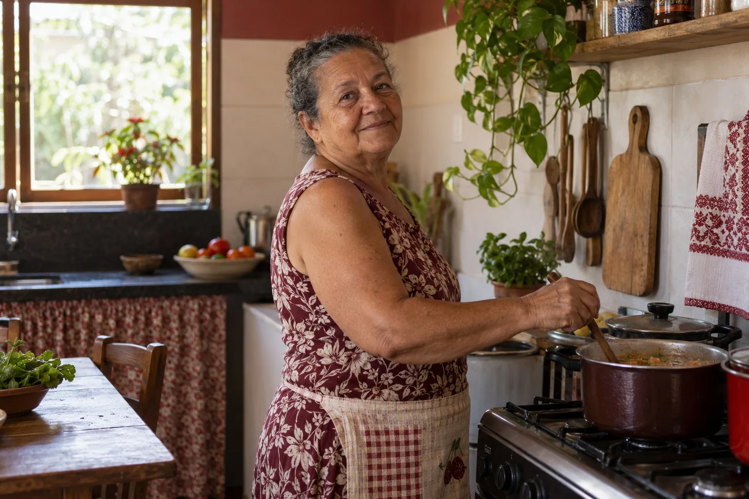 Senhora cozinhando no fogão de casa