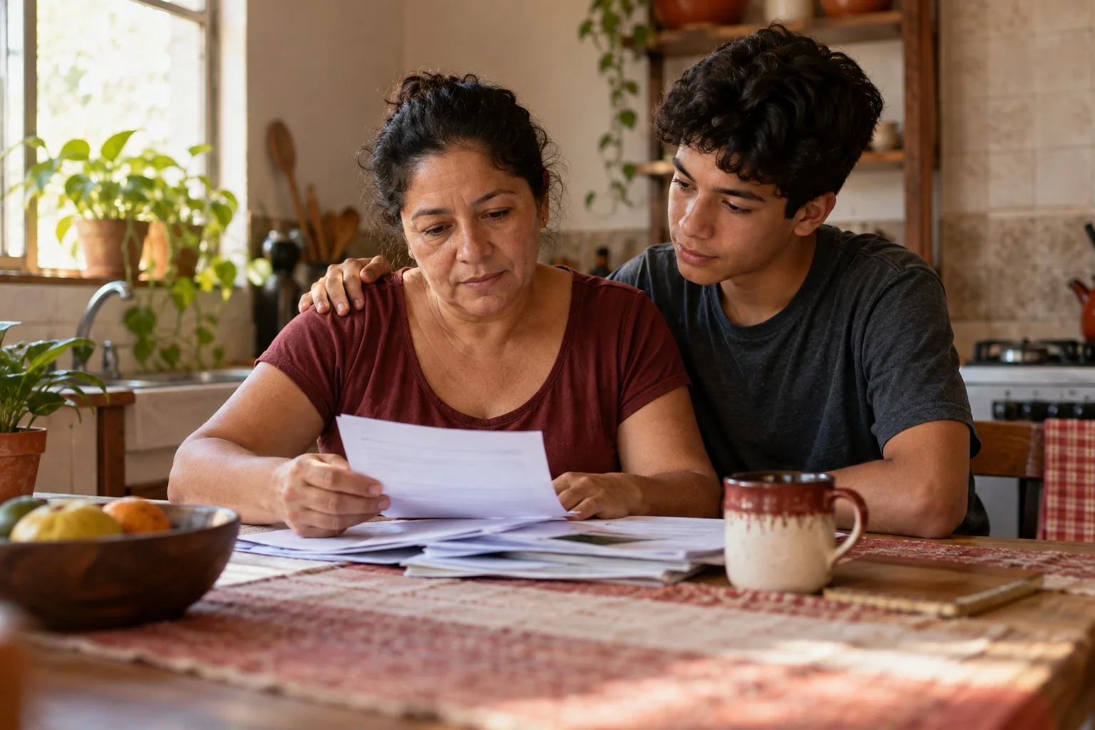 Mãe e filho organizando papéis juntos à mesa