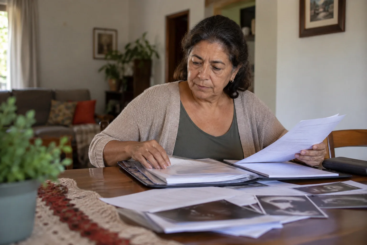 Mulher organizando relatórios médicos e exames numa pasta