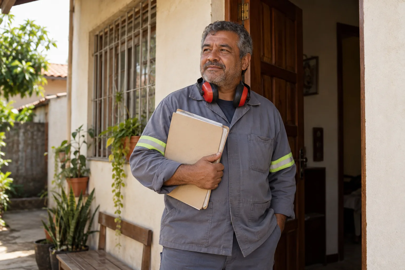 Metalúrgico de uniforme segurando uma pasta de documentos na porta de casa