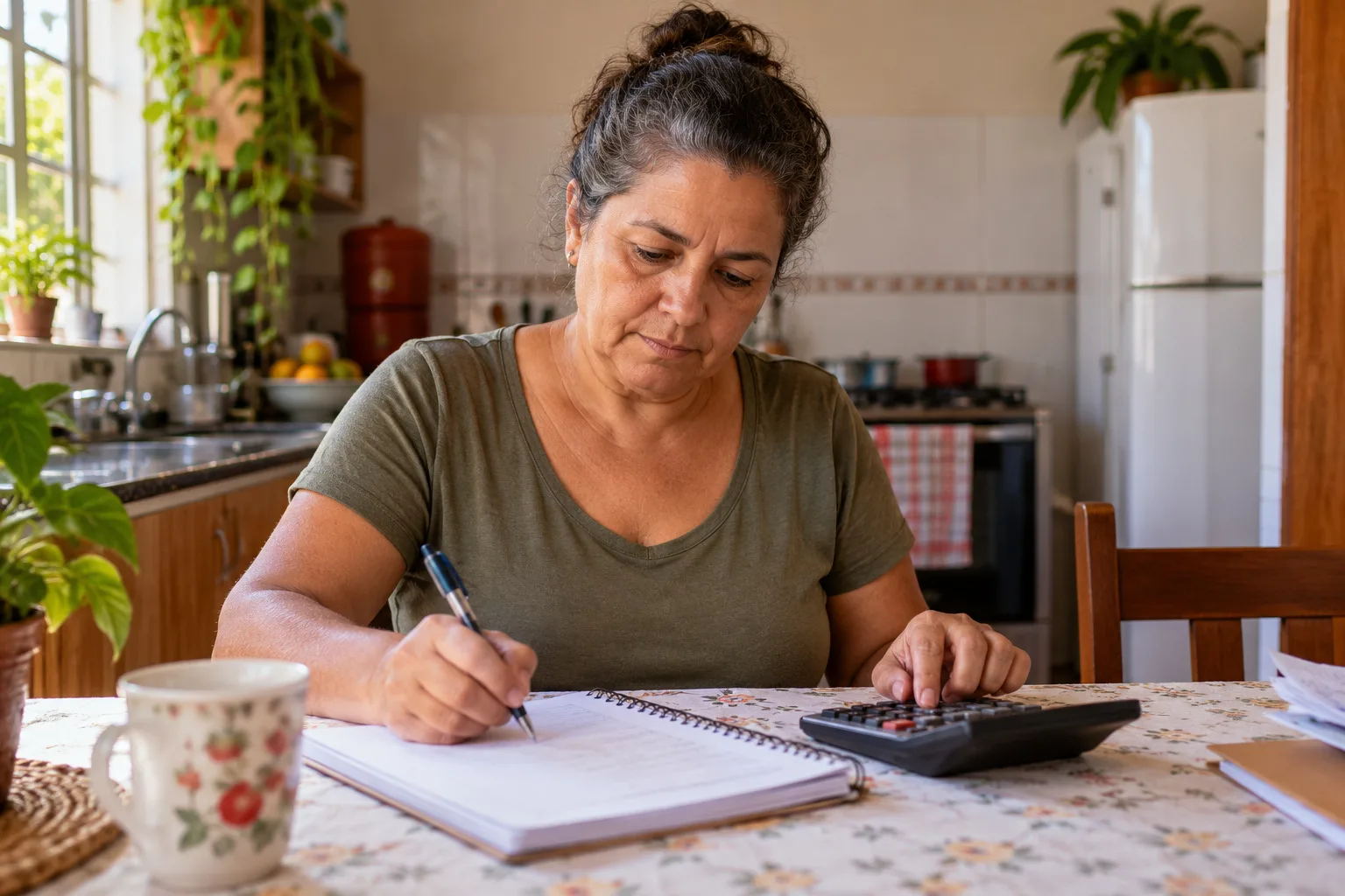 Mulher fazendo contas com caderno e calculadora na cozinha