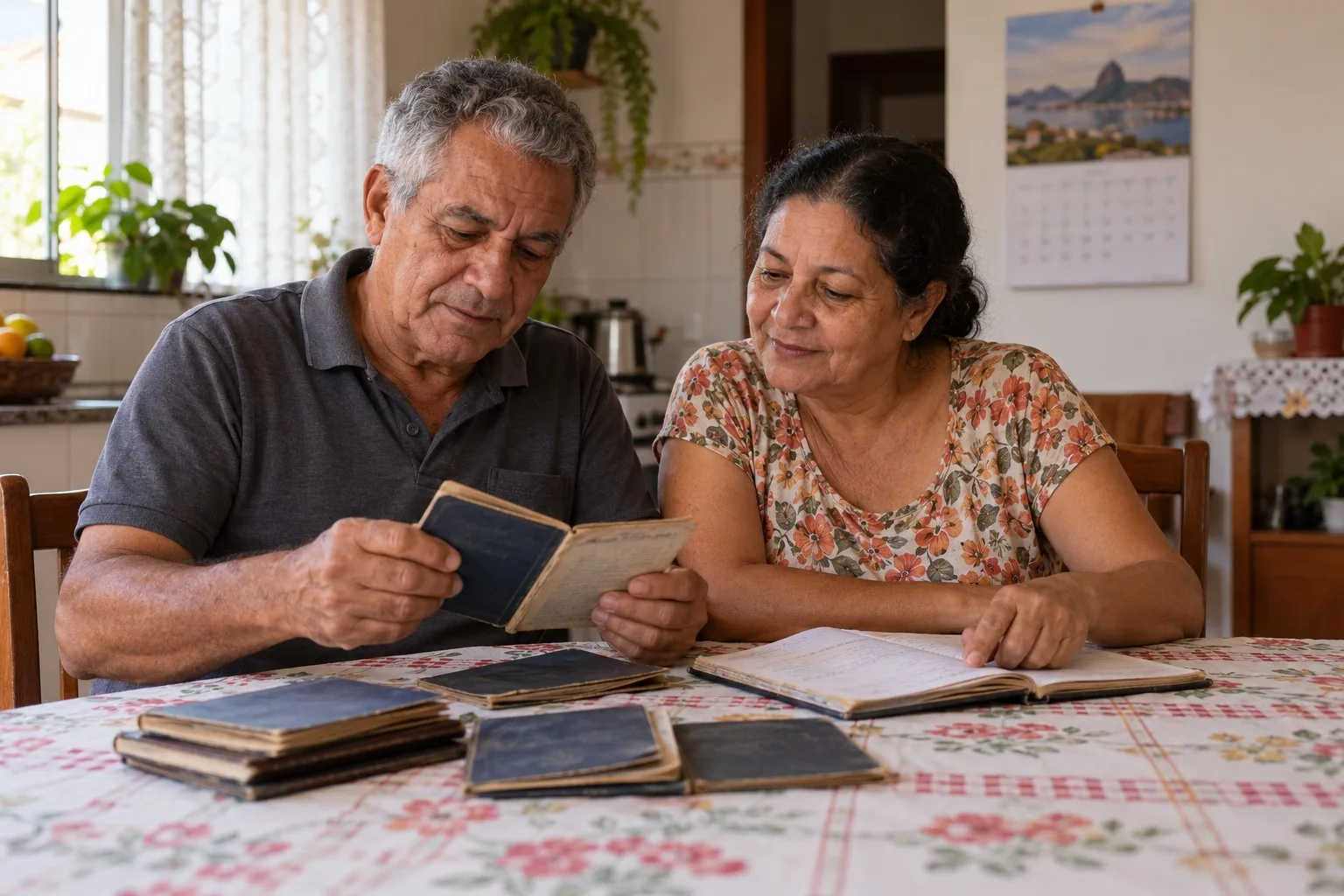 Casal conferindo papéis e um calendário de parede na cozinha