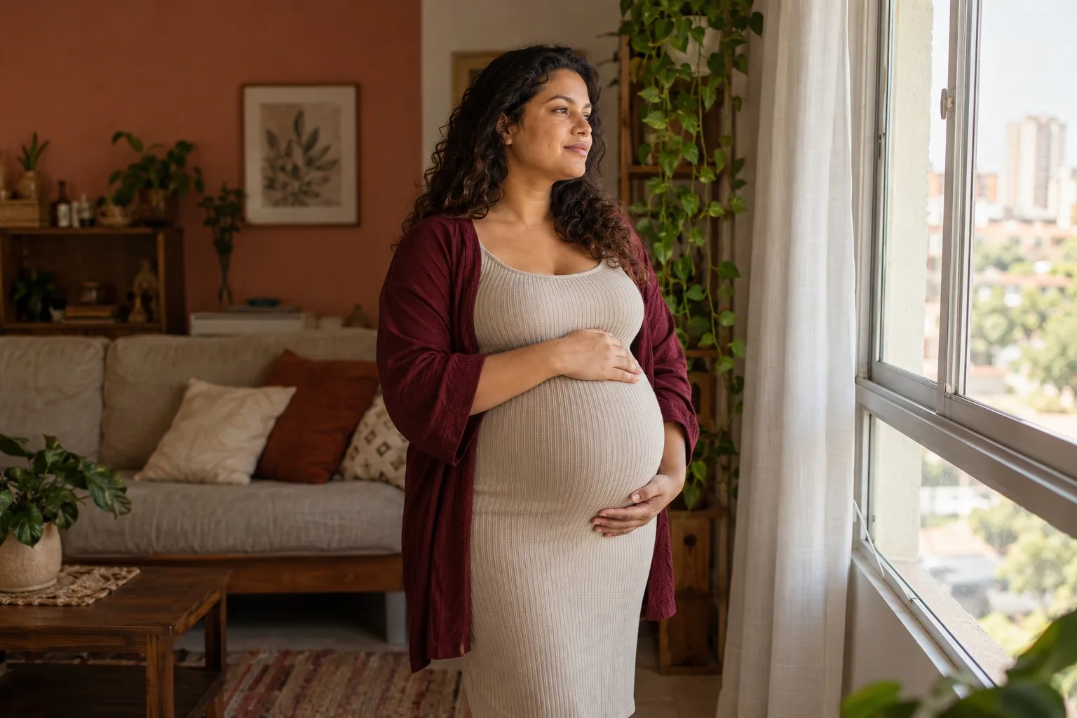 Gestante de pé na sala, com a mão sobre a barriga