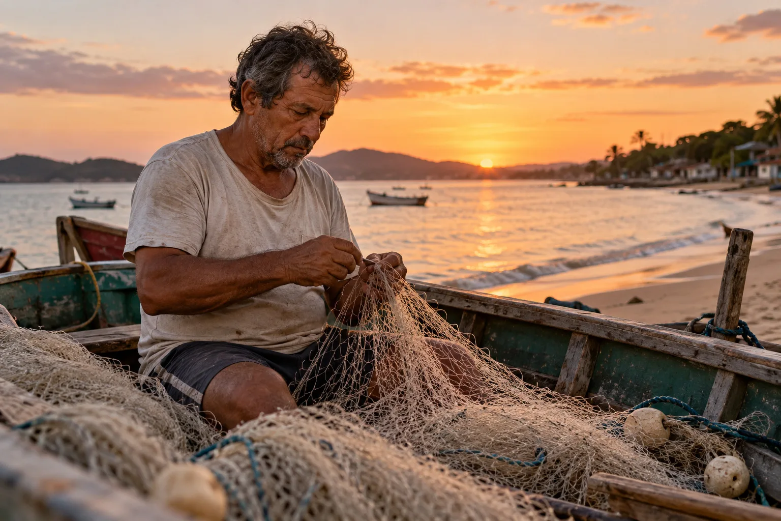 Pescador artesanal arrumando a rede no barco, na beira da praia