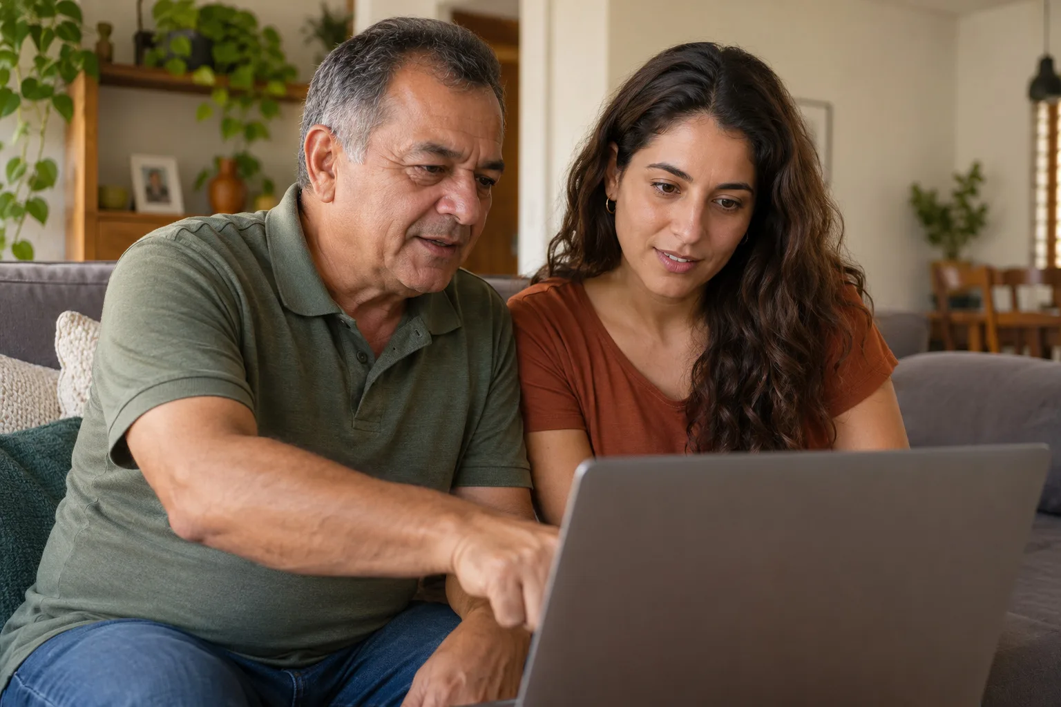 Pai e filha olhando juntos um notebook no sofá