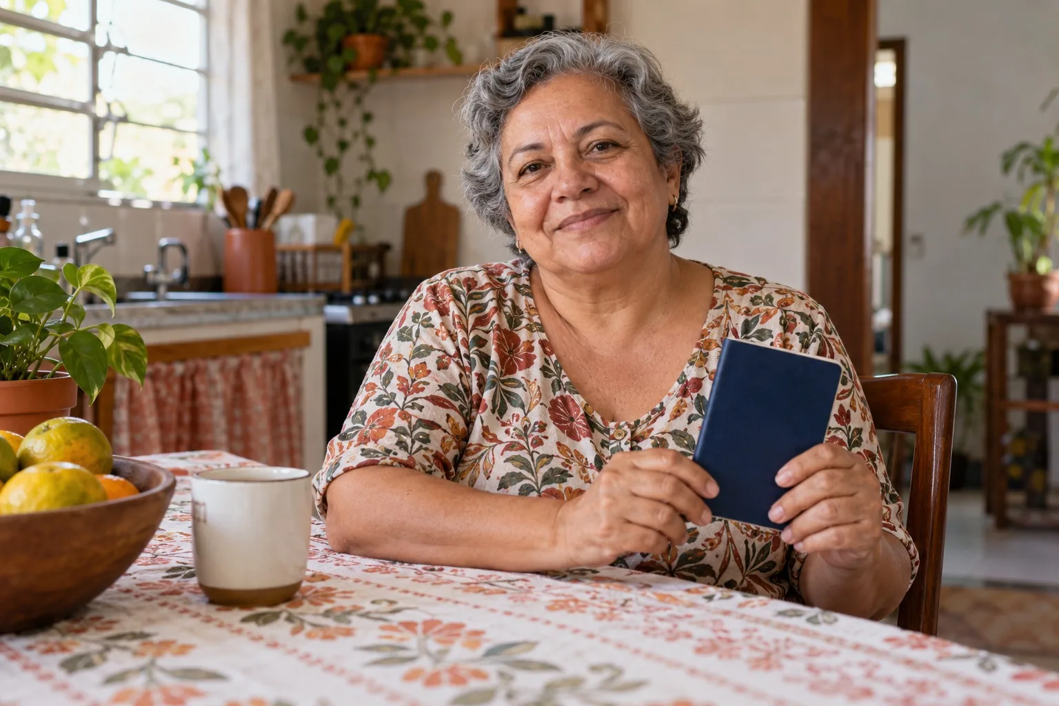 Senhora à mesa da cozinha segurando uma carteira de trabalho antiga