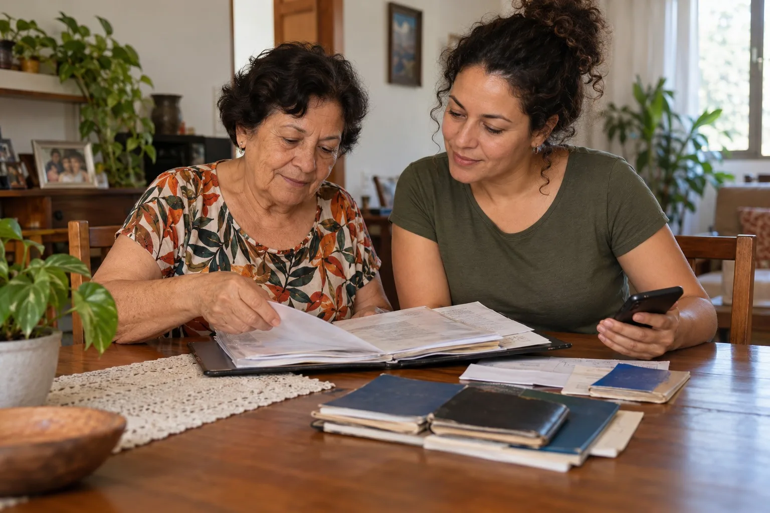 Mãe e filha organizando documentos e carteiras de trabalho na mesa da sala