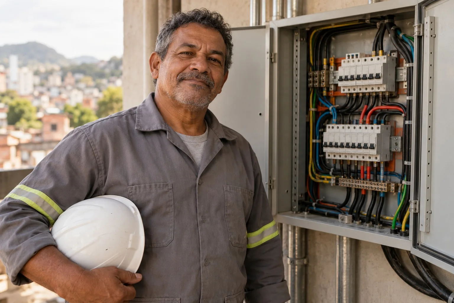 Eletricista de uniforme com o capacete na mão, diante de um quadro elétrico