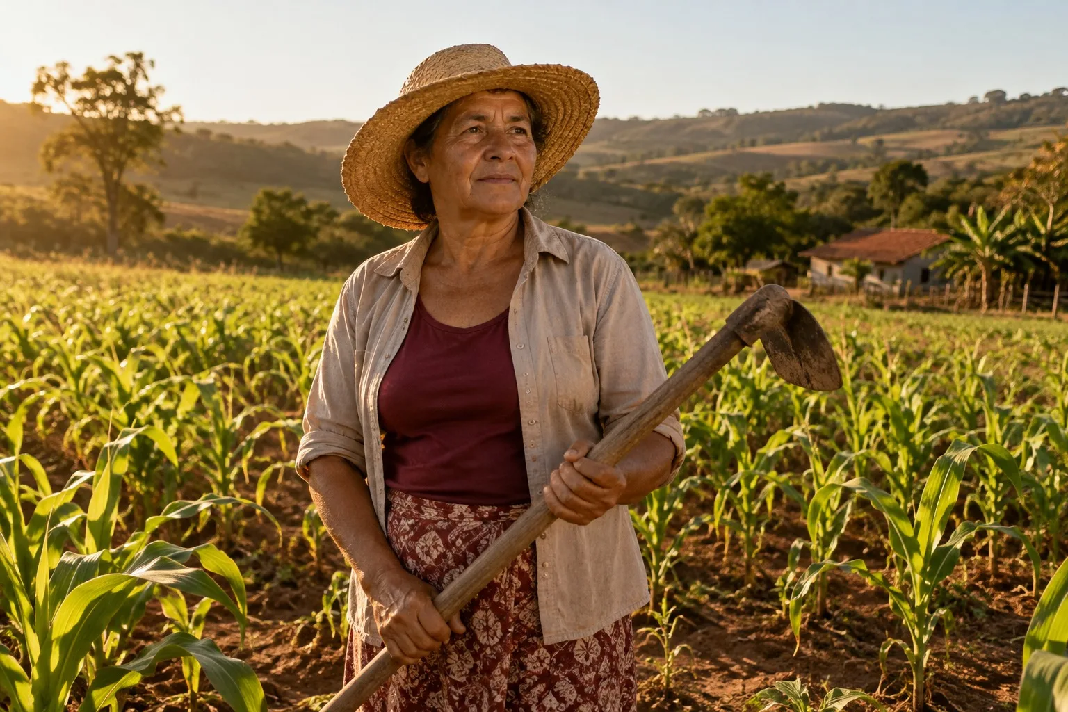 Agricultora de chapéu de palha com a enxada na lavoura de milho
