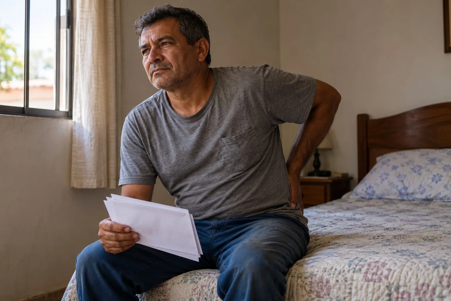 Homem sentado na beira da cama com envelopes de exames e a mão nas costas