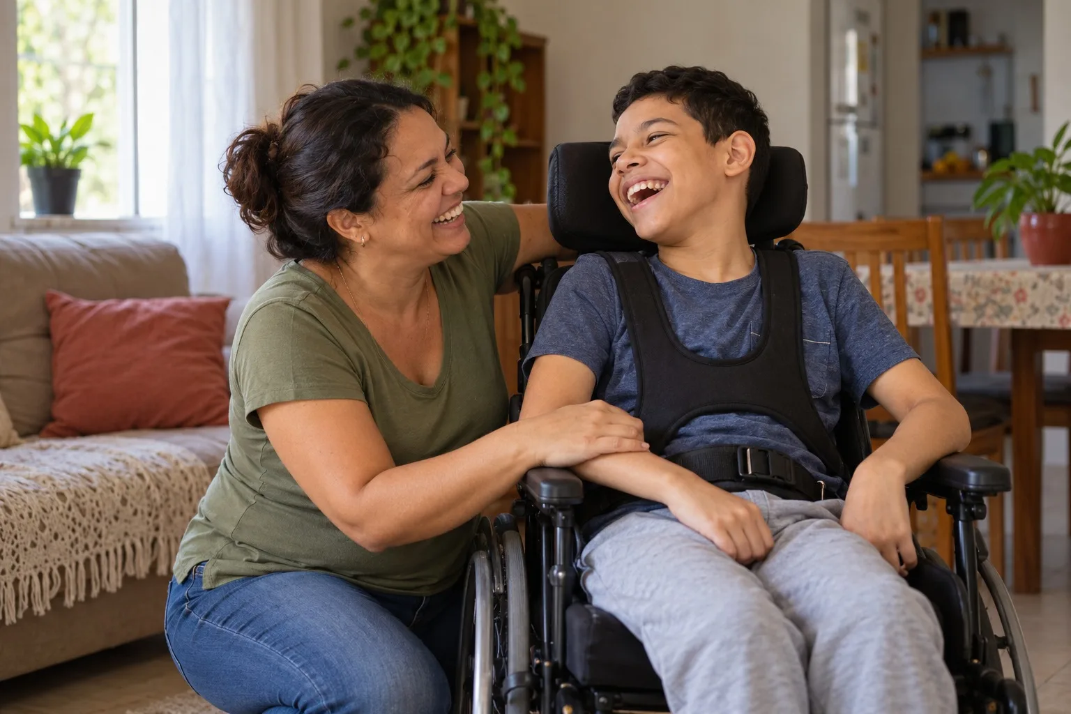 Mãe rindo com o filho, que usa cadeira de rodas, na sala de casa