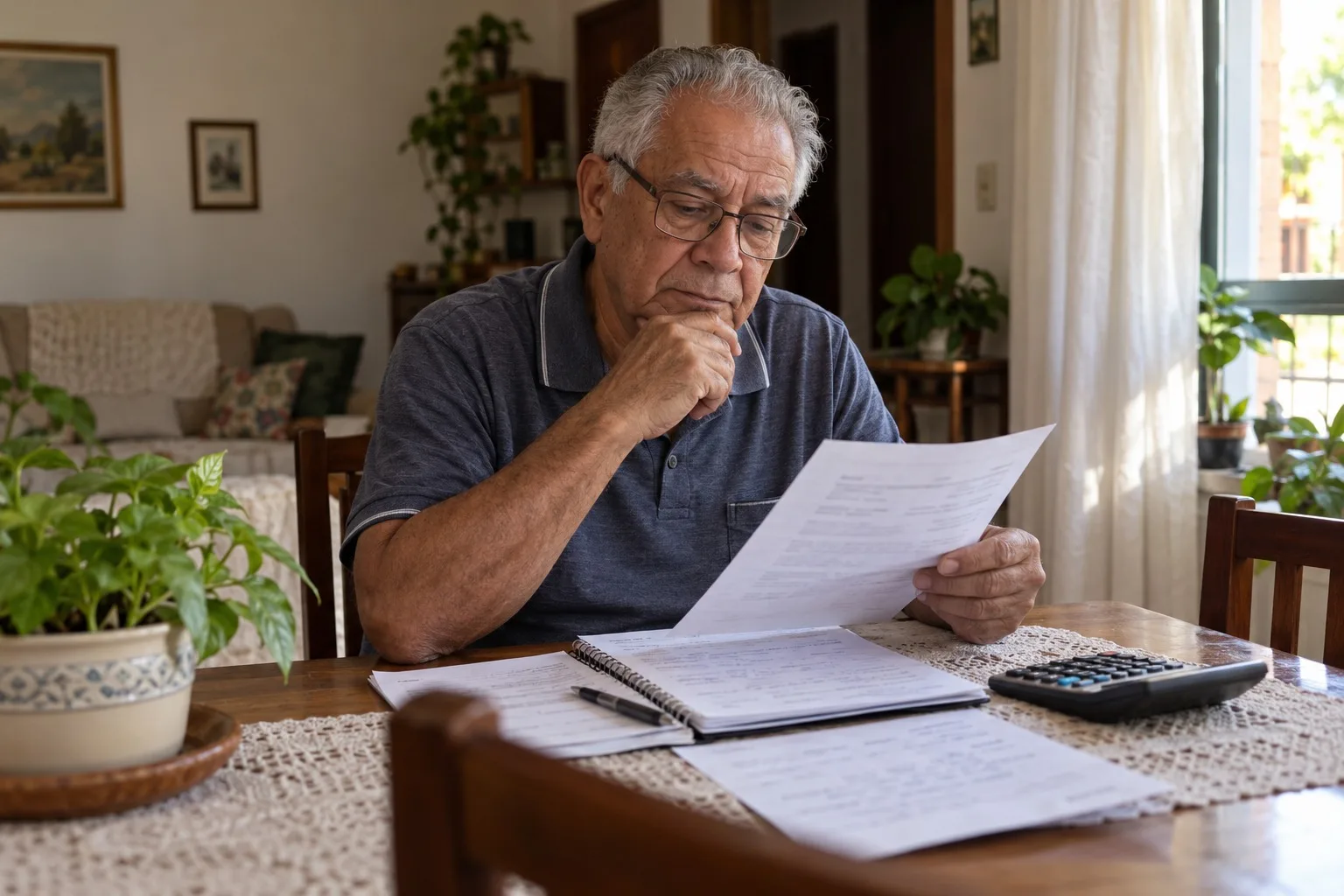 Aposentado de óculos conferindo uma carta e anotações à mesa